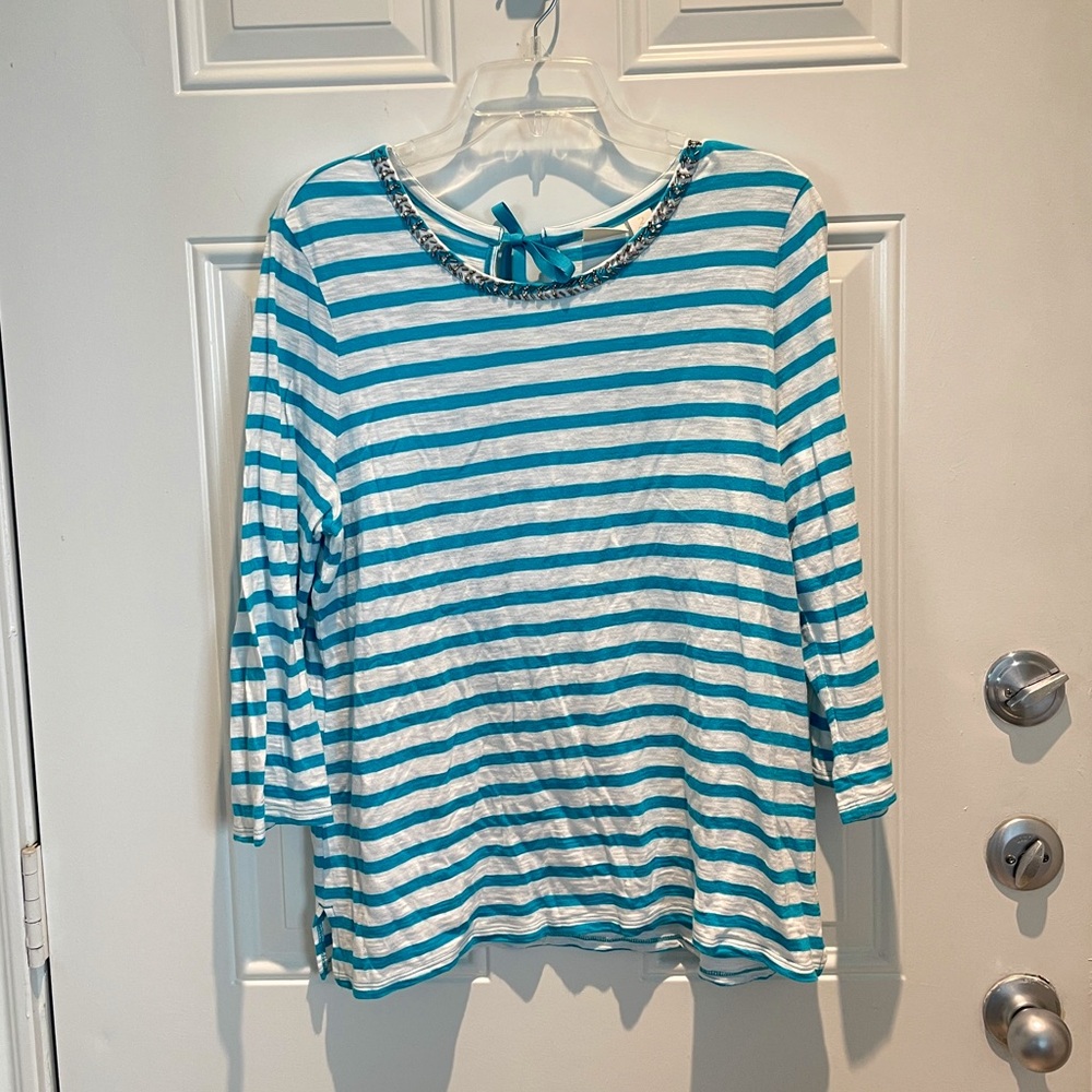 Chico's Striped Turquoise Bead Sparkle Casual Long Sleeve Top Size 2 (Large)